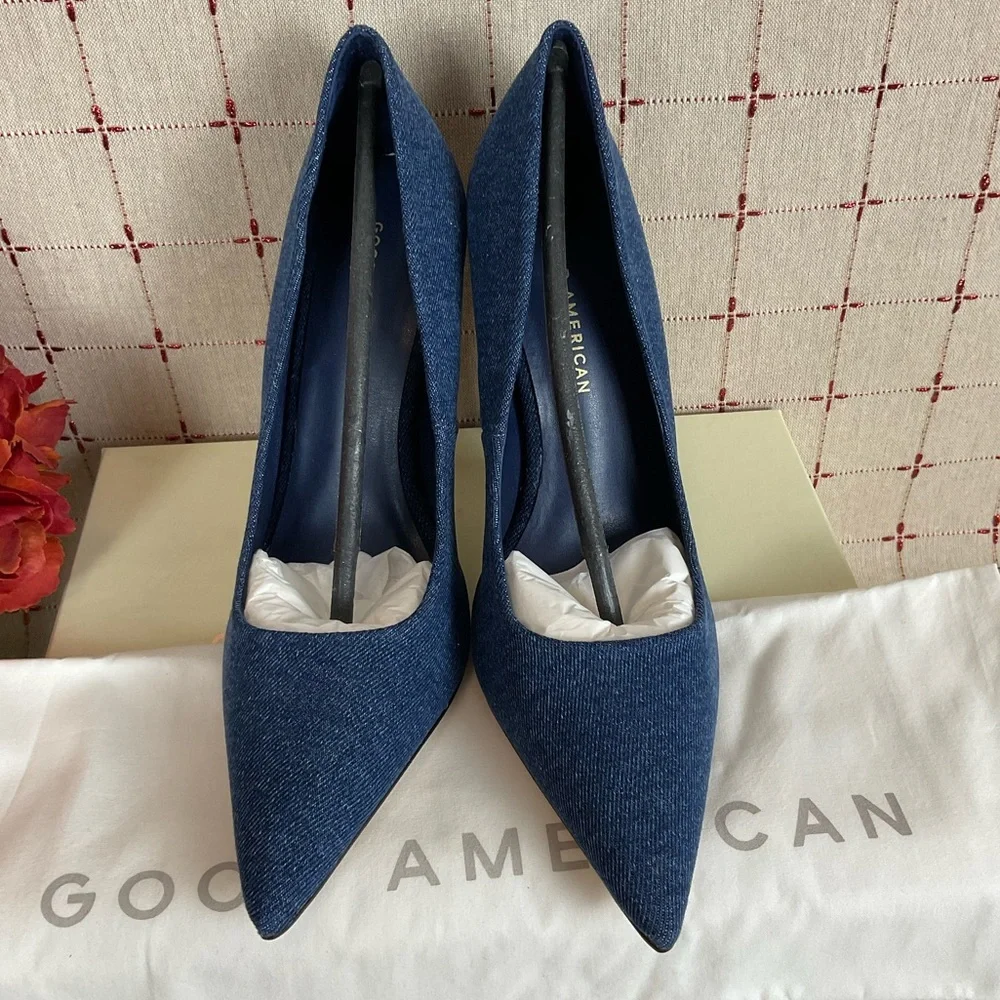 GOOD AMERICAN “Emma” Denim Heel Ultra High Blue Denim Stilettos Sz 9.5 New - Picture 3 of 7